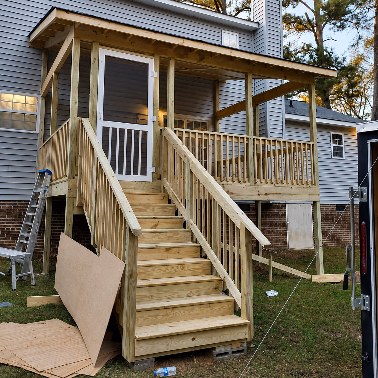 New wooden porch and stairs attached to a grey house under construction with tools and wood panels around.